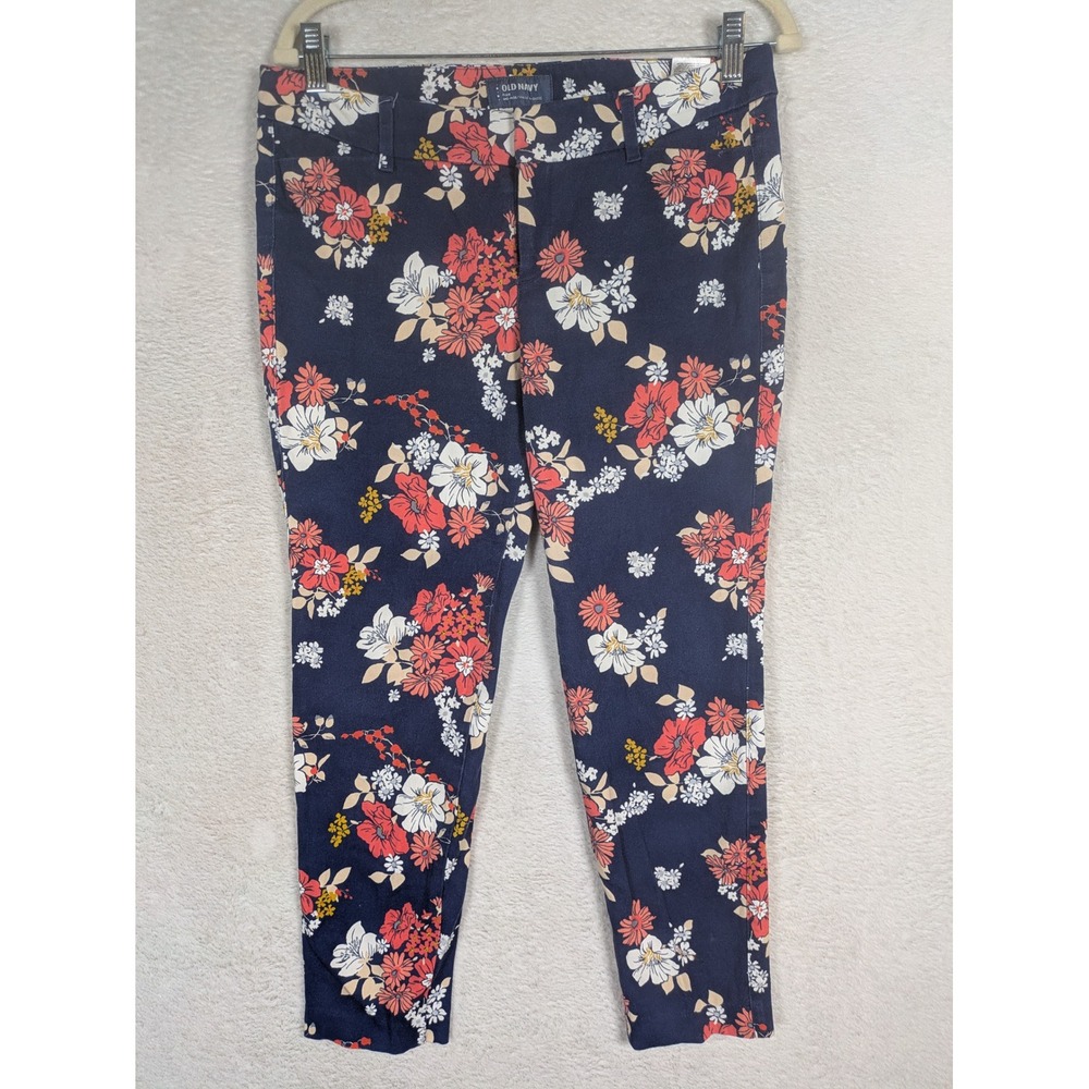 Old Navy Pixie Pants Women's 10 Petite Navy Blue Floral Mid-Rise Ankle Stretch